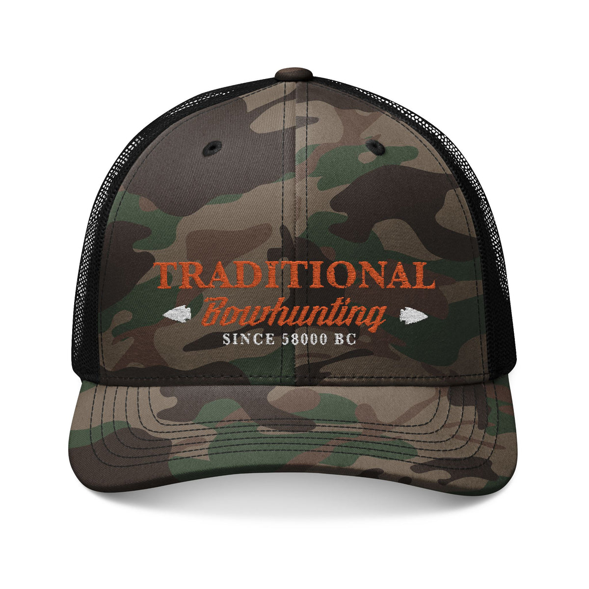 Camouflage Trucker Hat - Traditional Bowhunting Since 58000 BC